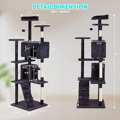 FDW Cat Tree 70in Cat Tower Multi-Level Durable Cat Scratching Post &amp; Cozy Fun Cat Jumping Platform Space Saving Cat Condo Pet Play House for Indoor Cats,Ashy