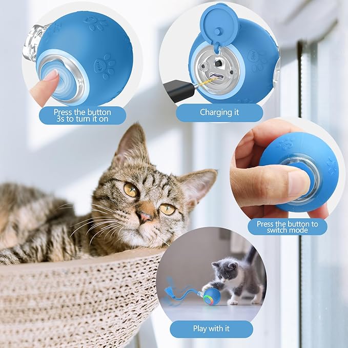 Interactive Cat Toys, Automatic Moving Cat Toys for Bored Indoor Adult Cats, Fast Rolling, Chirping &amp; Motion-Activated Kitty Toys, Fun Gift for Cats with Speedy Tail 2.0, USB Rechargeable, Blue