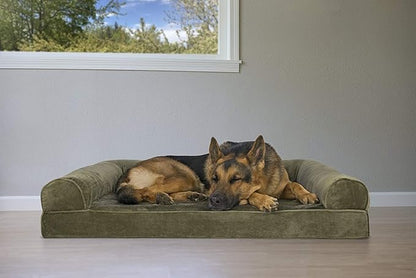 Furhaven Orthopedic Dog Bed for Large Dogs w/ Removable Bolsters &amp; Washable Cover, For Dogs Up to 95 lbs - Faux Fur &amp; Velvet Sofa - Dark Sage, Jumbo/XL