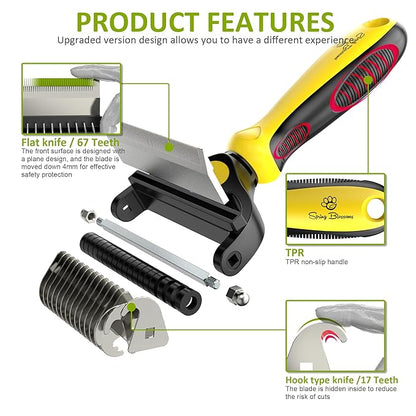 Spring Blossoms-2 in 1 Professional Grooming Rake for Cats &amp; Dogs-Dematting Comb for Easy Mats &amp; Tangles Removing,Pet Brush Safe No More Nasty Shedding and Flying Hair (Lemon Yellow)