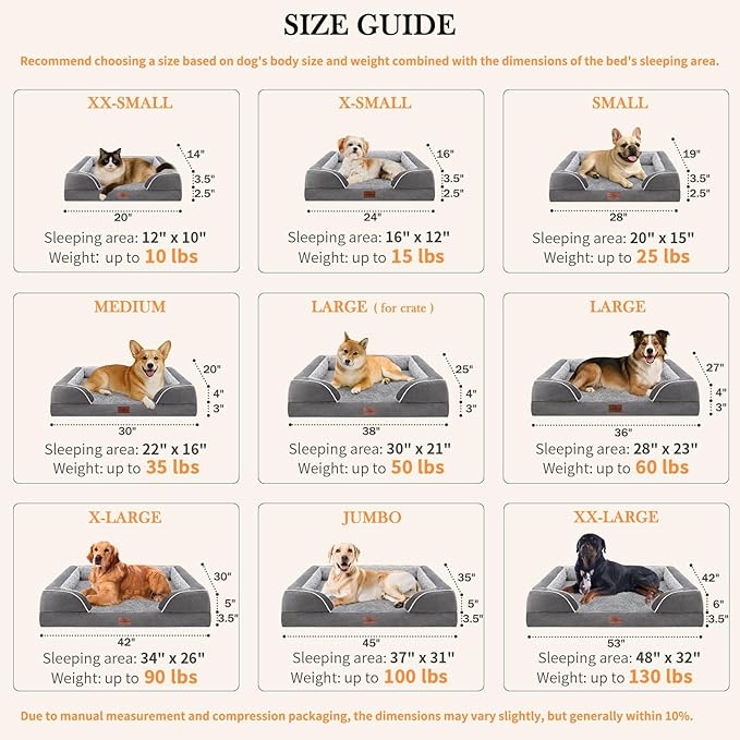 Comfort Expression Jumbo Dog Bed for Extra Large Dogs, Waterproof Orthopedic Dog Bed, Large Breed Dogs Beds, PV Washable Sofa Beds with Removable Cover &amp; Non-Slip Bottom(Jumbo,Grey)