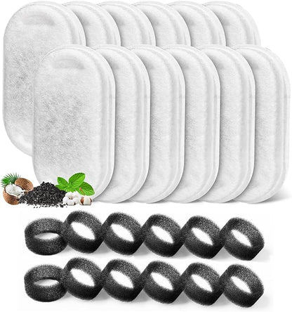 Cat Water Fountain Filter, Filters Replacement for 108Oz/3.2L&amp;67Oz/2L&amp;135Oz/4L Stainless Steel Pet Water Drinking Fountain, Dog Indoor Water Dispenser Fountain Carbon Filter, 12 Filters &amp; 12 Sponges