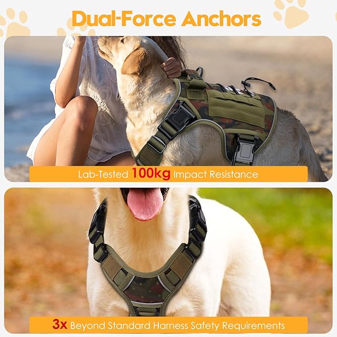 Heavy-Duty Tactical Dog Harness for Large Dogs, No Pull Adjustable Reflective Pet Vest with Molle System, K9 Military-Grade Control for Service Training, Outdoor &amp; 10+ Breeds, Green Camo, Large