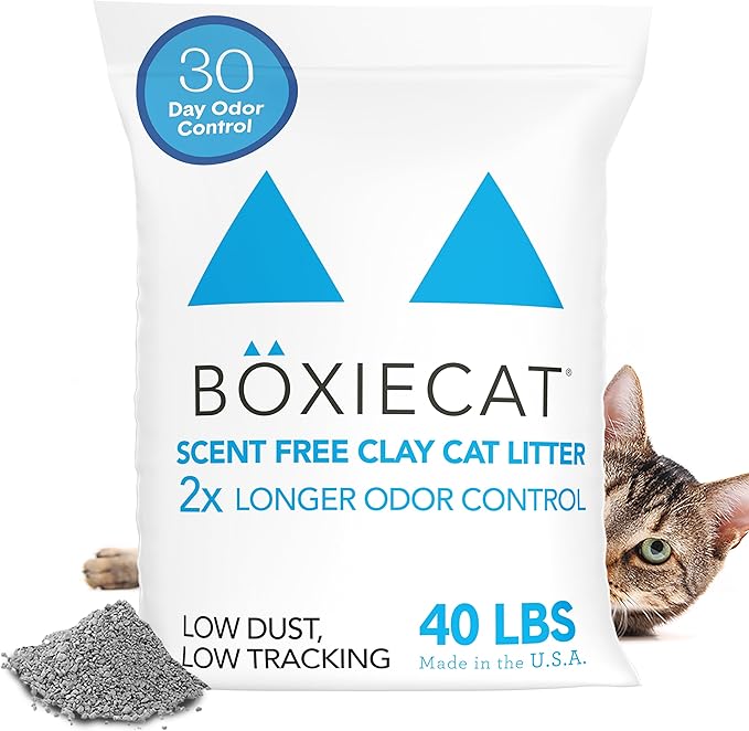 Boxie® Unscented 30 Day Odour Control Clumping Clay Cat &amp; Kitty Litter 40 lb, 99.9% Dust-Free, Hard Flat Top® Clumps, No Fragrances No Fillers, Long-Lasting, Easy to Scoop