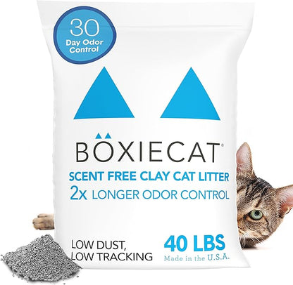 Boxie® Unscented 30 Day Odour Control Clumping Clay Cat &amp; Kitty Litter 40 lb, 99.9% Dust-Free, Hard Flat Top® Clumps, No Fragrances No Fillers, Long-Lasting, Easy to Scoop