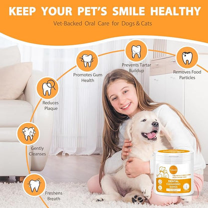 Dog Dental Wipes, Pet Dental Finger Wipes for Dogs &amp; Cats, Dog Teeth Cleaning Wipes, Reduce Plaque &amp; Tartar Buildup, Fresh Breath, Protect Gums, Dog Ear Cleaner Wipes Remove Wax, Coconut Scent, 50Pcs