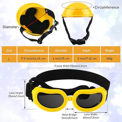 Frienda Dog Helmet and Goggles, UV Protection Doggy Sunglasses and 4 Inch Padded Puppy Motorcycle Helmet Adorable Dog Goggles with Adjustable Belt for Small Dogs Puppy Riding (Yellow,L)