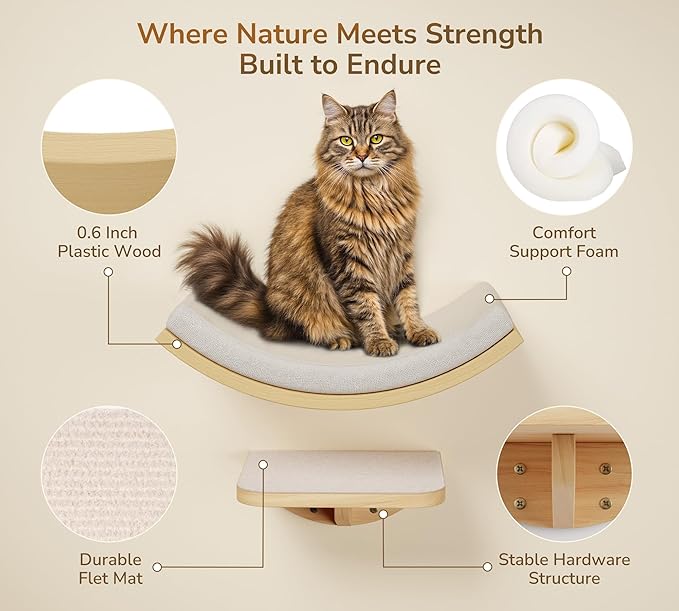 Cat Wall Shelf &amp; Window Perch Combo, Wood Cats Wall Furniture with Soft Foam Curved Bed and Felt-Padded Steps, 4-Piece Floating Cat Climbing System
