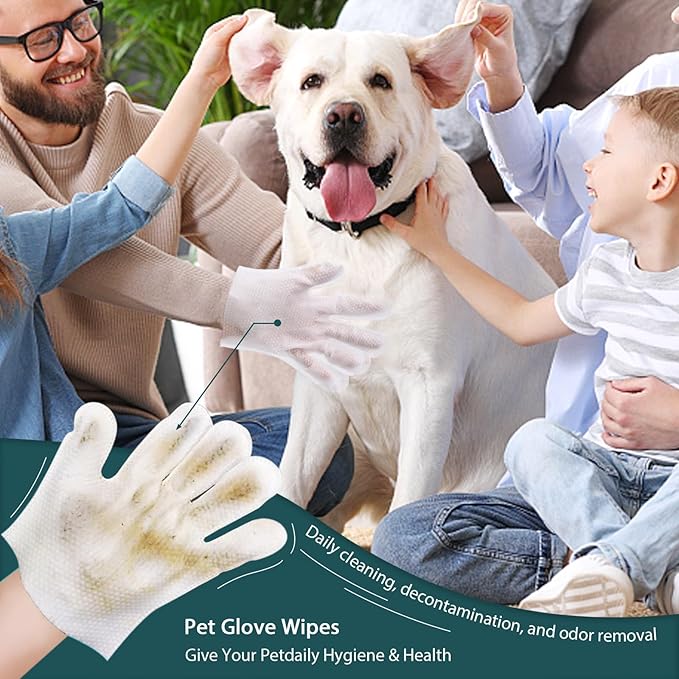 WLP 48 PCS Pet Cleaning and Deodorizing Glove Wipes for Dogs &amp; Cats Hypoallergenic Pet Cleaning and Hydrating Glove Bath Wipes Enriched with Aloe &amp; Jojoba Oil Individually Wrapped