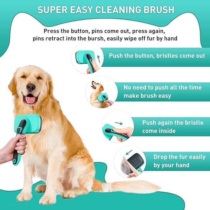 Dog Brush Kit for Grooming Short Long Haired Cats, 3 in 1 Dog Grooming Set for Small Animals, Puppy Self-Cleaning Slicker Brush for Shedding Medium &amp; Large Dogs. Free Pet Comb + Nail Clippers