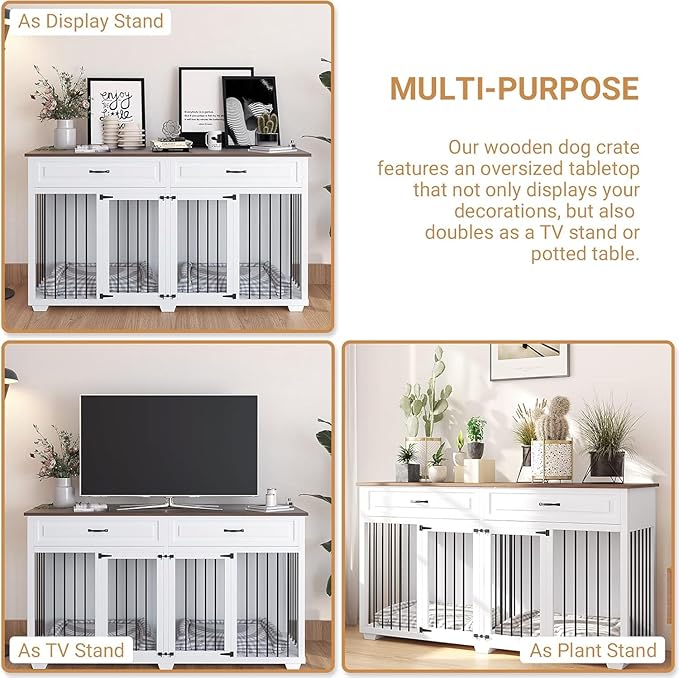 Large Dog Crate with Double Rooms, 72" Heavy Duty Wooden Dog Cage Furniture Dog Crate Kennel with Drawers &amp; Removable Divider,Indoor Luxury Dog House for Large Dogs,White