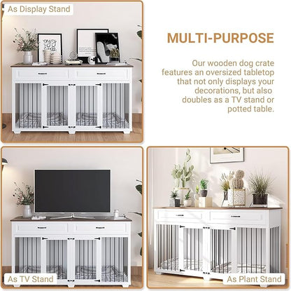 Large Dog Crate with Double Rooms, 72" Heavy Duty Wooden Dog Cage Furniture Dog Crate Kennel with Drawers &amp; Removable Divider,Indoor Luxury Dog House for Large Dogs,White