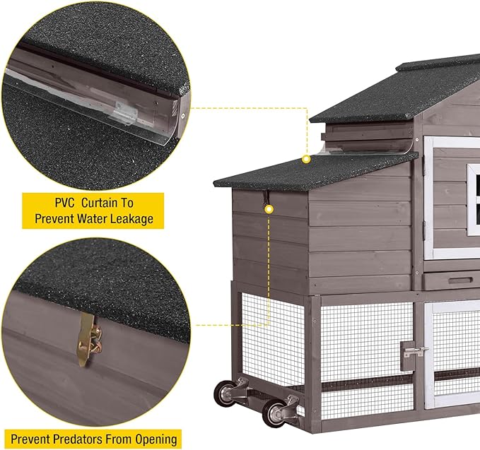 Aivituvin Chicken Coop Outdoor with Wheels, Mobile Hen House Wooden Poultry Cage with Run &amp; Waterproof Roof (Grey with White)