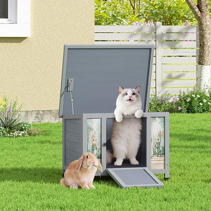 COZIWOW 24in Wooden Cat House Outdoor &amp; Indoor Pet Shelter with Foldable Ramp - Weatherproof Rabbit Hutch with Unique Machine-Printed Art Designs for Cat, Rabbit, Guinea Pig (Grey)