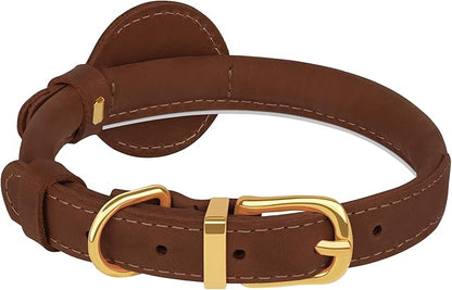OOPSDOGGY Rolled Leather Dog Collar with Airtag Holder - Reflective Round Airtag Dog Collar - Soft Tracking Pet Collar for Small Dogs Puppy Cats Kitten (Brown, L, 14"-18")