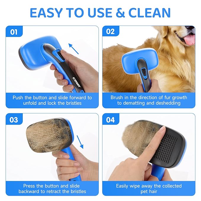 Dog Brush Kit – 3 PCS Grooming Set with Self-Cleaning Brush, Undercoat Rake &amp; Pet Bath Brush. Great for Shedding, Tangles &amp; Dirt Removal – Ideal for Long &amp; Short Haired Dogs &amp; Cats, Blue