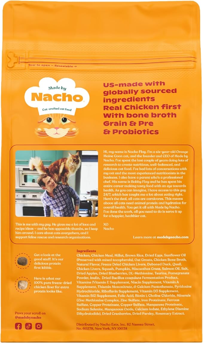 Made by Nacho Dry Cat Kibble 10lb Bag, High Protein Premium Cat Food with Freeze-Dried Pieces, Cage-Free Chicken, Duck &amp; Quail, Limited Ingredients, Single Bag