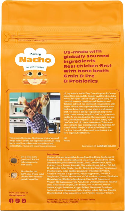 Made by Nacho Dry Cat Kibble 10lb Bag, High Protein Premium Cat Food with Freeze-Dried Pieces, Cage-Free Chicken, Duck &amp; Quail, Limited Ingredients, Single Bag