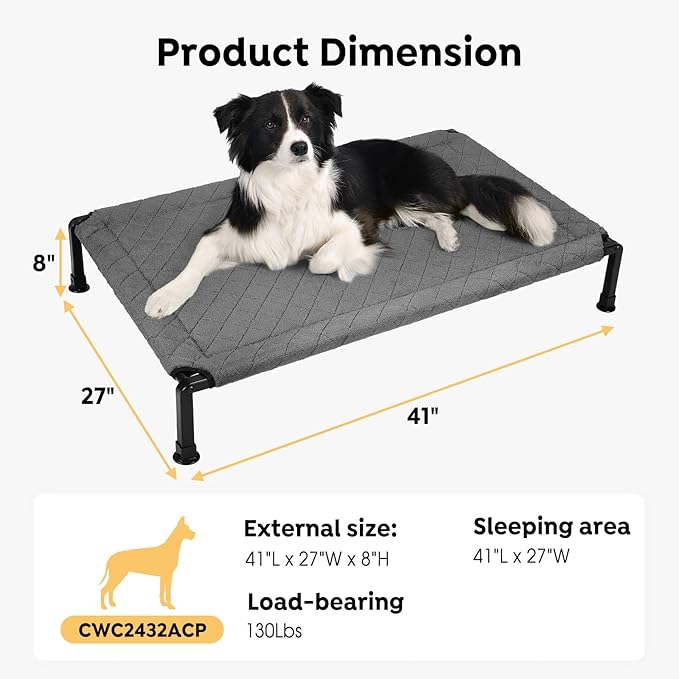 Veehoo Soft Plush Elevated Dog Bed - Raised Pet Bed with Heavy Duty Frame, Non-Slip Silicon Feet, Washable &amp; Breathable Pet Cot, Indoor/Outdoor Use, 41" x 27", Grey, CWC2432A
