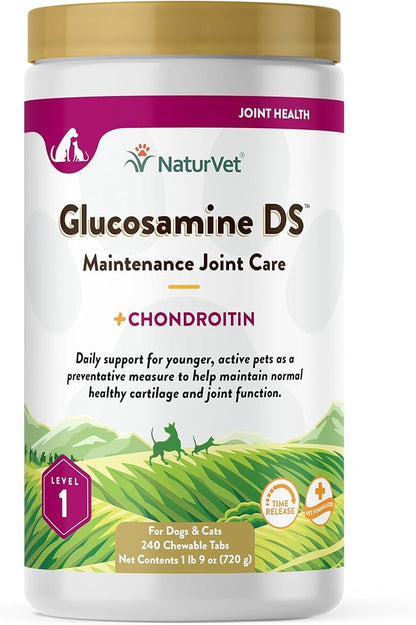 NaturVet – Glucosamine DS - Level 1 Maintenance Care | Preventative Care to Maintain Healthy Cartilage &amp; Joint Function | Enhanced with Glucosamine &amp; Chondroitin | for Dogs &amp; Cats (240 Tablets)