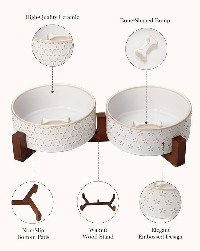 MALACASA Dog Bowl Set with Walnut Wood Stand, 3.5 Cups Ceramic Pet Bowls for Puppy Dogs, Dual Food and Water Bowls with Non-Slip Base, Basic Bowls for Your Dog or Cat, Five-Leaf Grass &amp; Honeycomb