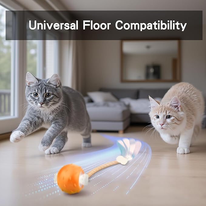 Interactive Cat Toys Ball for Indoor Cats, Automatic Agile Rolling Cat Ball with Elastic Mesh Tail, Bird Chirping &amp; Motion Activated, 2 Tail Accessories, Kitten Toy for Bored (Orange)