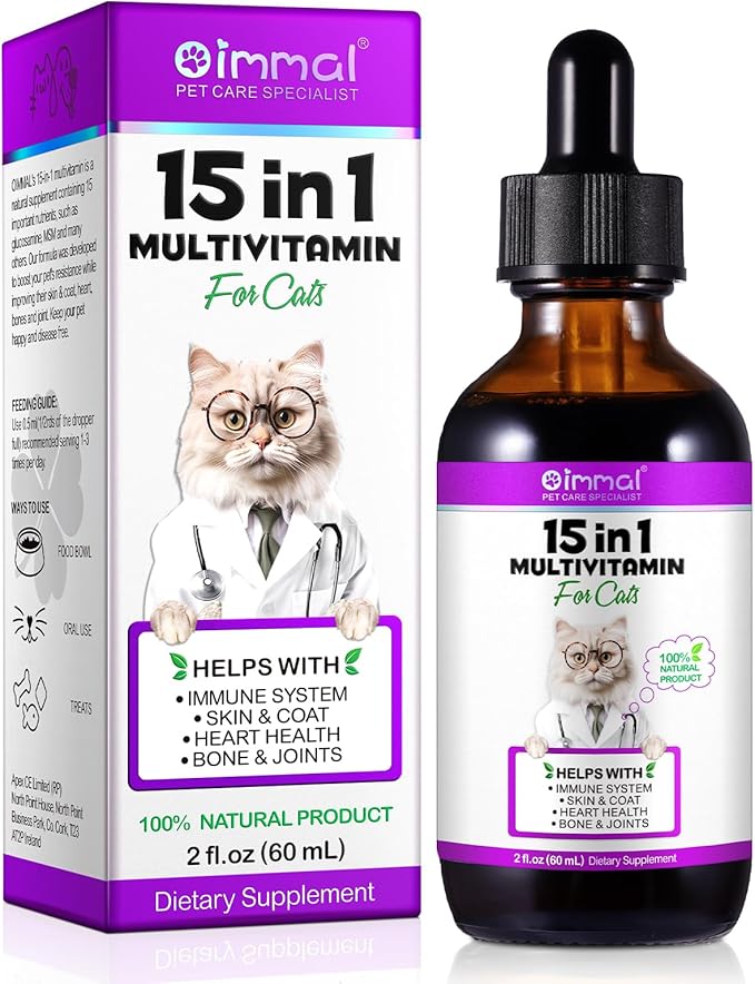Cat Multivitamin, 15 in 1 Cat Multivitamin Liquid Drops, Cats Vitamins and Supplements with Glucosamine and Probiotics, Bones, Joint, Skin &amp; Coat, Bladder, Immune System Support, 60ML