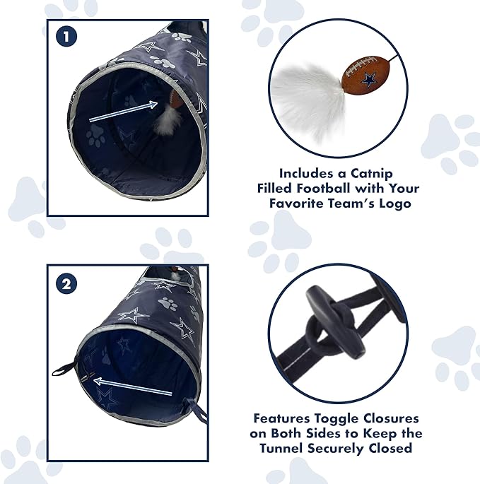 NFL Dallas Cowboys Cat Tunnel Tube Toy with Plush Football Catnip and Feathers Collapsible Tunnel for Cats to Play, Peek and Hide, Sporty &amp; Fun Cat Tunnel Toy with Team Logo All-Over Design!