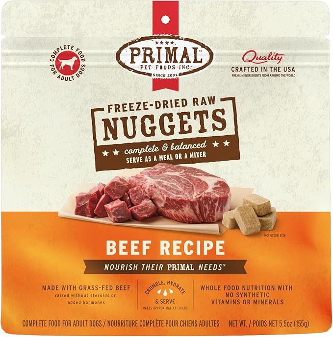 Primal Freeze Dried Raw Dog Food Nuggets, Beef, Complete &amp; Balanced Meal, Also Use as Topper or Treat, Premium, Healthy, Grain Free, High Protein Raw Dog Food, 5.5 oz