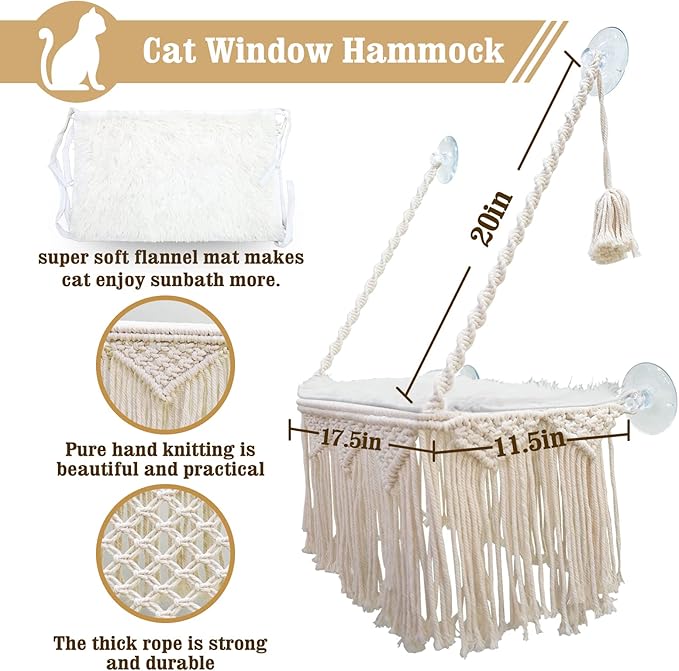 Cat Window Perch Macrame Cat Hammock Boho Wall Mounted Pet Resting Seat Bed for Sunbathing, Napping &amp; Overlooking with 4 Seat Suction Cups &amp; Fleece Blanket &amp; Knitted Ball Toy - Weighted up to 35lbs.