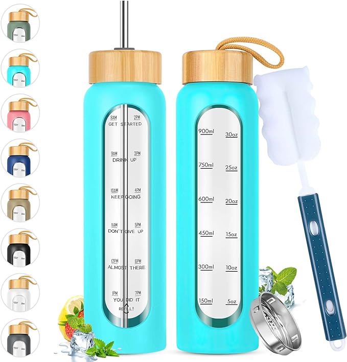 32 oz Glass Water Bottle with Straw - Motivational Time Marker &amp; Silicone Sleeve - Reusable Tumbler Includes 2 Bamboo Lids &amp; Fruit Infuser - 1 Pack