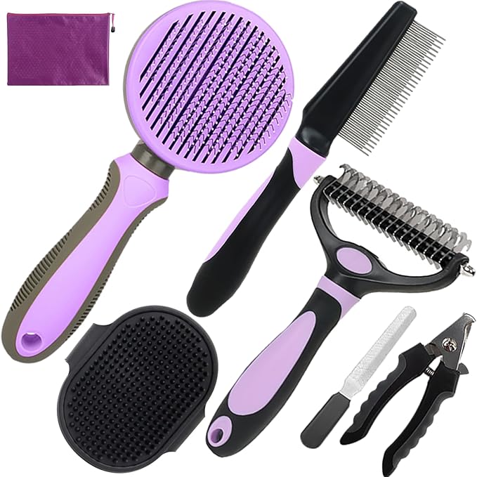 Dog Brush for Shedding, 7 PCS Dog Grooming Brush Kit Including Undercoat Rake, Slicker Brush, Dematting Comb, Nail Clipper, Bath Brush for Long &amp; Short Haired Dogs, Cats - Purple
