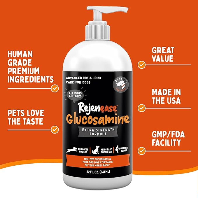 Rejenease Liquid Glucosamine for Dogs with Chondroitin, MSM &amp; Hyaluronic Acid – Finest For Pets Hip &amp; Joint Supplement for Dog Joint Support, Mobility, Stiffness &amp; Pain Relief (32 oz, Made in USA)