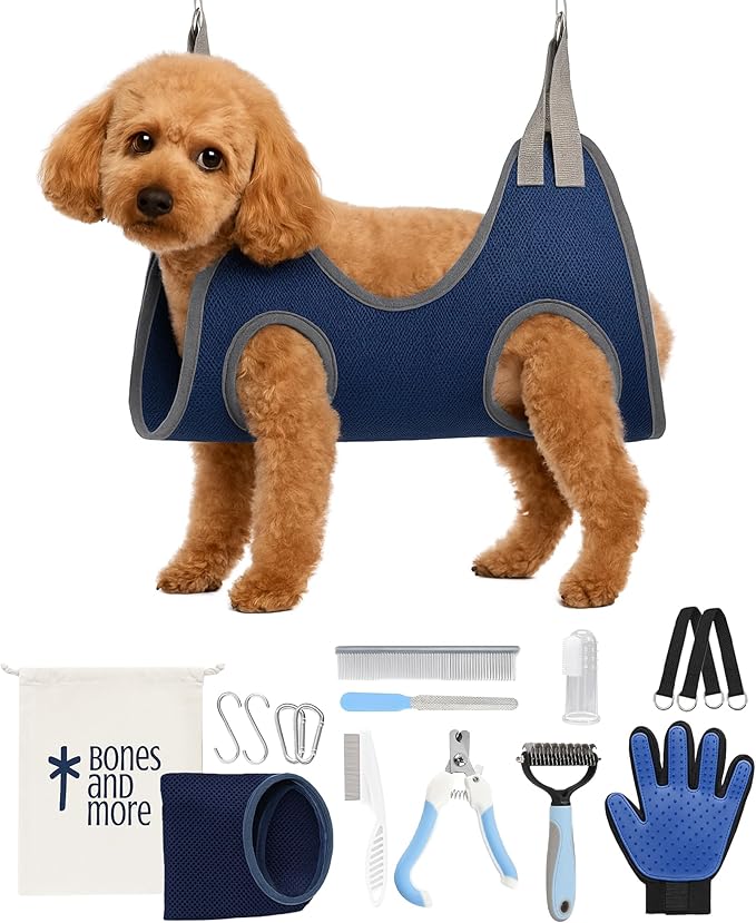 Pet Grooming Hammock Kit for Dogs &amp; Cats - Includes Hammock Harness, Nail Clippers, Nail File, Grooming Glove, Dematting Comb, S-Hooks, Carabiners &amp; Storage Bag for Easy Home Grooming Large (93×56) cm