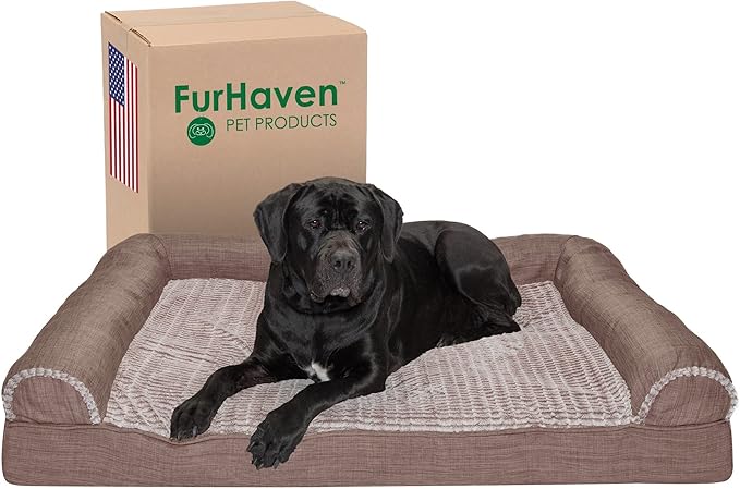 Furhaven Cooling Gel Dog Bed for Large Dogs w/ Removable Bolsters &amp; Washable Cover, For Dogs Up to 125 lbs - Luxe Faux Fur &amp; Performance Linen Sofa - Woodsmoke, Jumbo Plus/XXL
