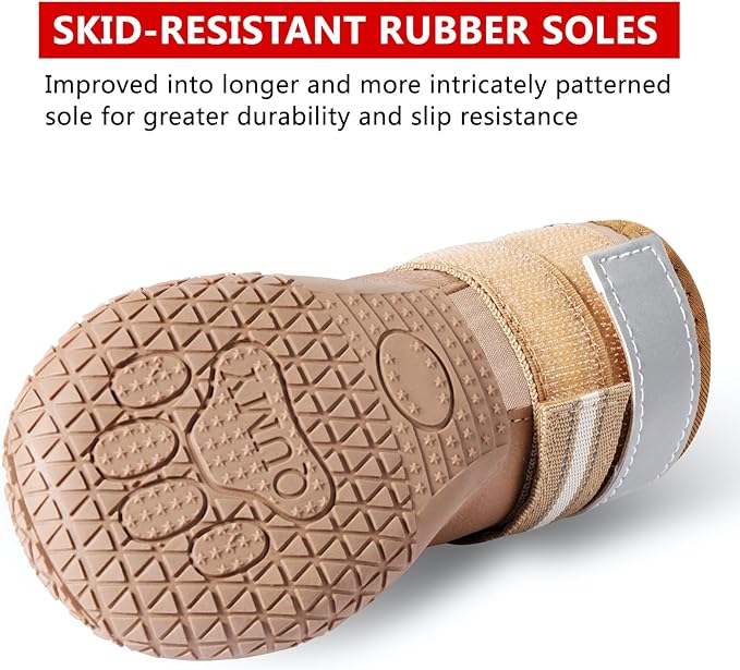 QUMY Dog Shoes for Large Dogs, Medium Dog Boots &amp; Paw Protectors for Winter Snowy Day, Summer Hot Pavement, Waterproof in Rainy Weather, Outdoor Walking, Indoor Hardfloors Anti Slip Sole Khaki 4