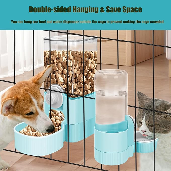 GPY Automatic Hanging Gravity Pet Feeder and Water Dispenser Set ，Automatic Dog Feeder and Dog Water Dispenser for Dogs Cats Pets Animals Large Capacity (Blue Water Feeder&amp;Food Feeder) (Blue)