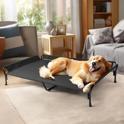 Veehoo Cooling Elevated Dog Bed, Guardrail Raised Pet Cot, Indoor &amp; Outdoor XXL Pet Bed with Washable &amp; Breathable Teslin Mesh, Non-Slip Feet, Dog Couch Bed, 62.5" x 37", Black