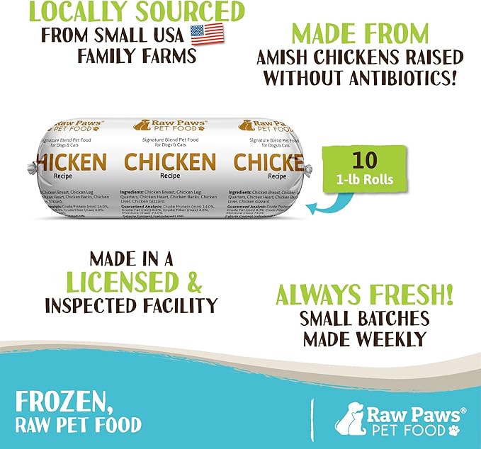 Raw Paws Signature Blend Pet Food for Dog &amp; Cats - Chicken Recipe, 1-lb Rolls (10 Pack) - Frozen Fresh Dog Food - Made in USA - Natural Raw Diet Dog Food Log