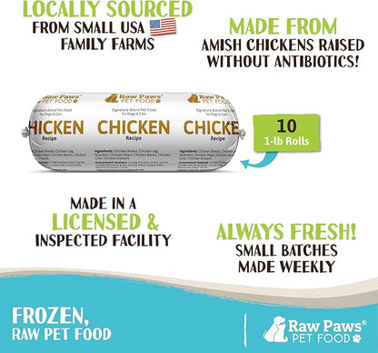 Raw Paws Signature Blend Pet Food for Dog &amp; Cats - Chicken Recipe, 1-lb Rolls (10 Pack) - Frozen Fresh Dog Food - Made in USA - Natural Raw Diet Dog Food Log