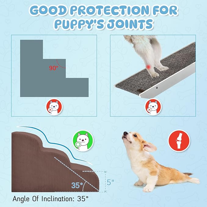 Dog Stairs &amp; Steps for High Beds, 2 Steps High Density Foam Waterproof Dog Ramp for Small Dogs and Cats, Pet Stairs with Washable Cover for Bed, Couch, Sofa and Car, Coffee (H: 11.8")