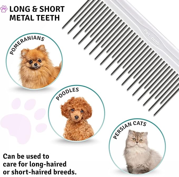 Poodle Pet Detangling Pet Comb with Long &amp; Short Stainless Steel Teeth for Removing Matted Fur, Knots &amp; Tangles – Detangler Tool Accessories for Safe &amp; Gentle DIY Dog &amp; Cat Grooming