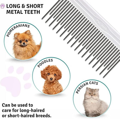 Poodle Pet Detangling Pet Comb with Long &amp; Short Stainless Steel Teeth for Removing Matted Fur, Knots &amp; Tangles – Detangler Tool Accessories for Safe &amp; Gentle DIY Dog &amp; Cat Grooming