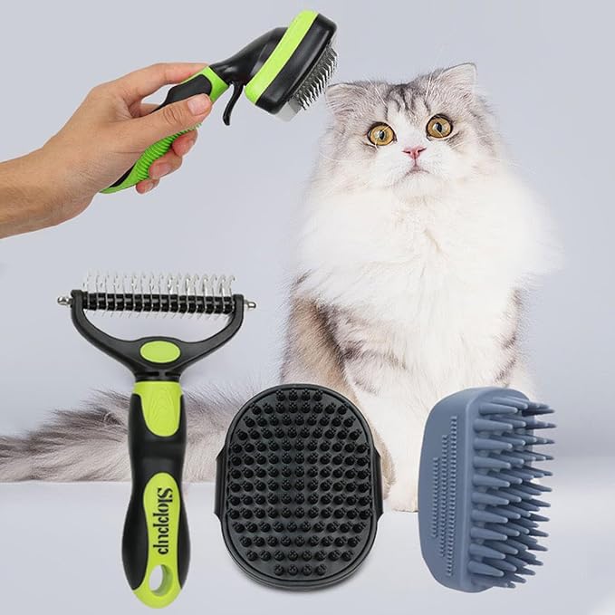 Dog Brush Kit for Grooming Short &amp; Long Haired Dogs &amp; Cats, 4-in-1 Pet Grooming Set with Self-Cleaning Slicker Brush, Deshedding Tool, Shampoo Bath Comb, Massge Comb (Green Black)