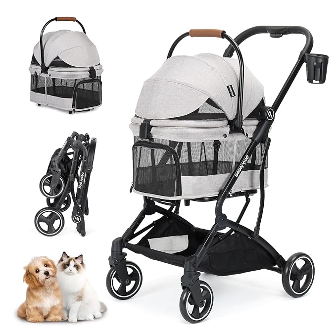 T3 3 in 1 Small Pet Stroller for Dogs &amp; Cats, 4 Wheels for Dogs with Detachable Carrier with Pad, Canopy and Cup Holder, Grey