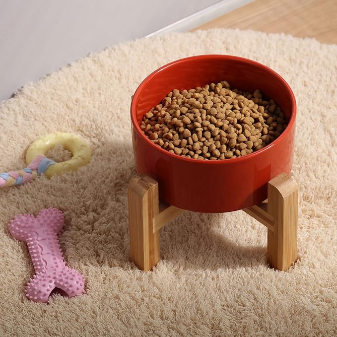 Petygooing 28 OZ Rust Red Elevated/Raised Ceramic Dog Bowl for Small and Medium Breeds, Dog Food Water Dish with Stand,Pet Feeding Bowl with Anti Slip Rubber for Cats Small and Medium Dogs (3.6 Cups)