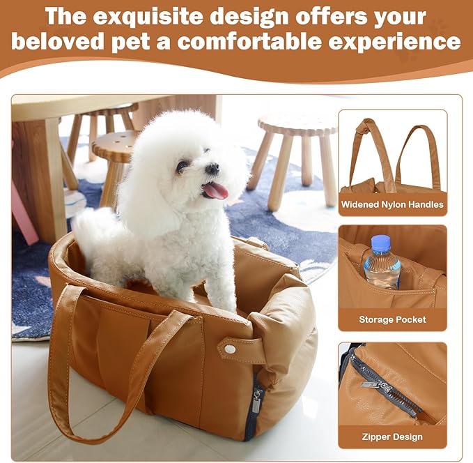 2 and 1 Center Console Dog Car Seat &amp; Carrier for Small Dogs, Large Leather Dog Car Bed with Storage Pocket, Waterproof PVC Leather Seat Travel Bed for Front &amp; Back Seat, Clip-On Safety Leash