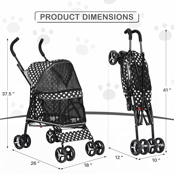 MoNiBloom 4 Wheels Pet Stroller, Easy-Fold Umbrella Shaped Dog Cat Jogger Stroller w/Storage Bag &amp; Visible Mesh for Small/Medium Dogs Cats Black Polka Dots