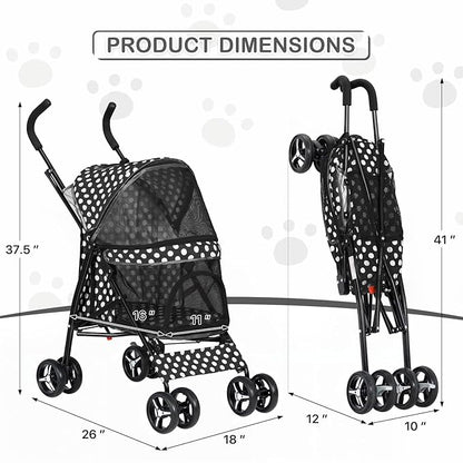 MoNiBloom 4 Wheels Pet Stroller, Easy-Fold Umbrella Shaped Dog Cat Jogger Stroller w/Storage Bag &amp; Visible Mesh for Small/Medium Dogs Cats Black Polka Dots
