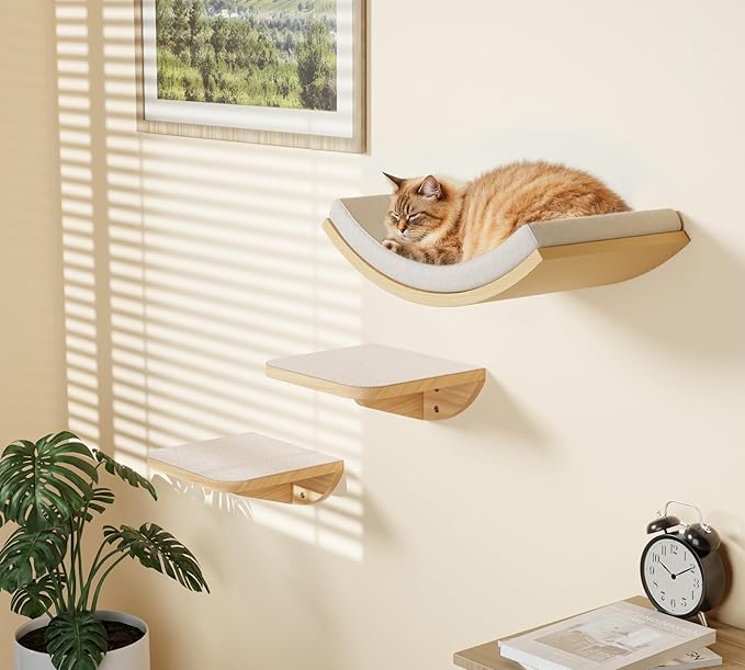 Cat Wall Shelf &amp; Window Perch Combo, Wood Cats Wall Furniture with Soft Foam Curved Bed and Felt-Padded Steps, 4-Piece Floating Cat Climbing System